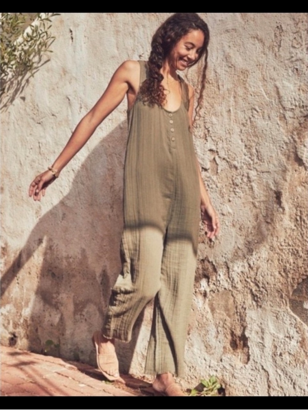 Faherty Olive Green Sleeveless Jumpsuit with Button Front